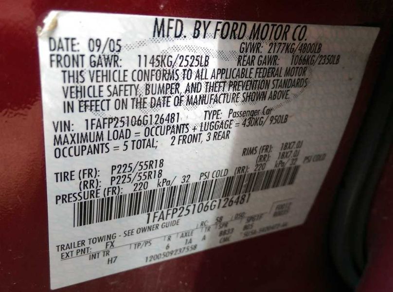 2006 Ford Five Hundred Limited (AA0199) Part Out