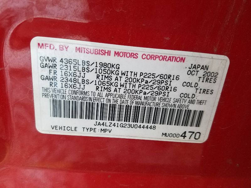 2003 Mitsubishi Outlander XLS (AA0262) Part Out