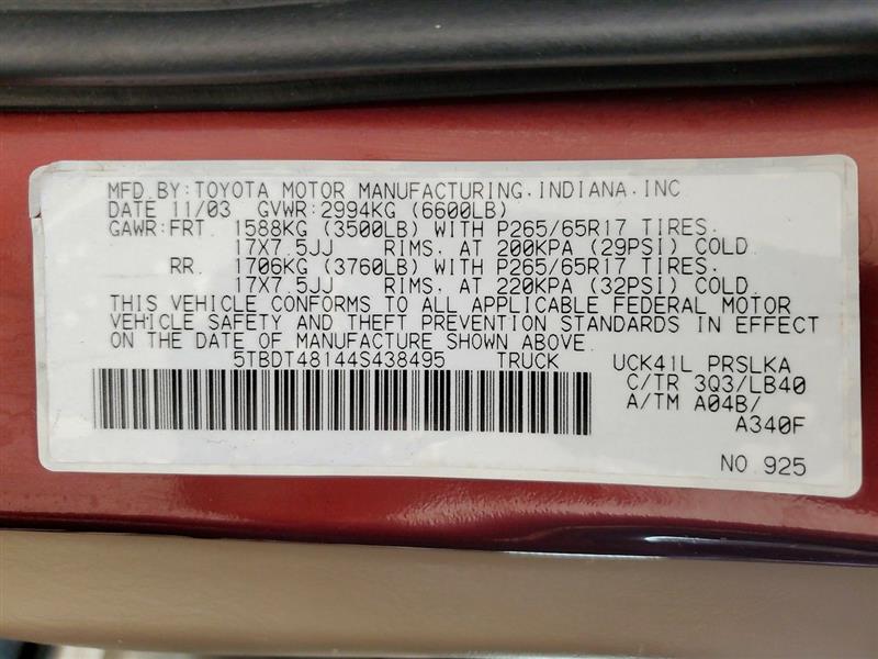 2004 Toyota Tundra Limited (AA0290) Part Out